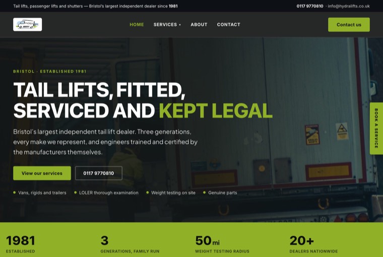 The home page of hydralifts.co.uk, built by Mediatopia