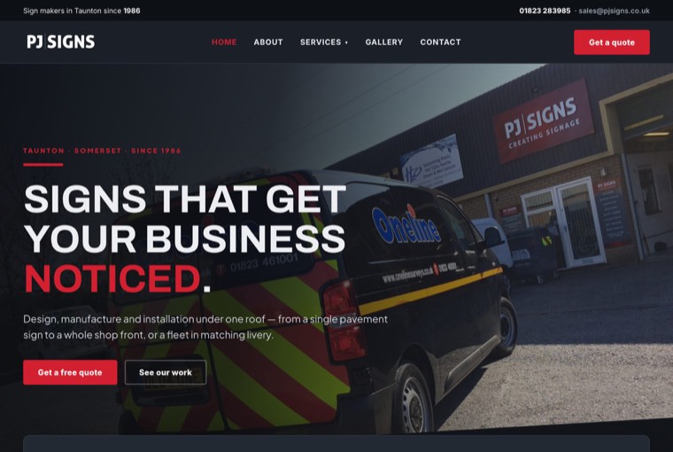 PJ Signs’s website, a sign-maker's catalogue, kept simple