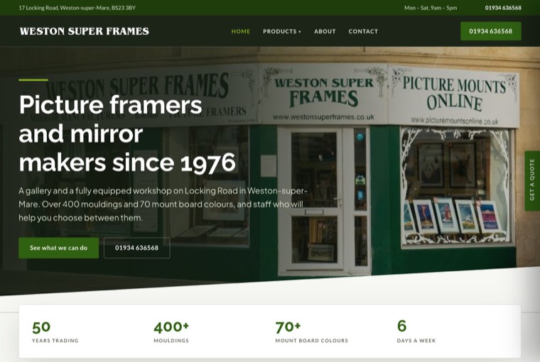 Weston Super Frames’s website, a configurator that builds the frame on the page