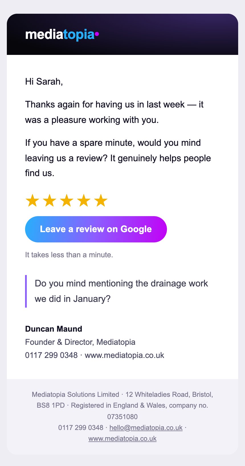 The review request email on a phone: the wordmark, five stars, a Leave a review on Google button, a personal note and a signature