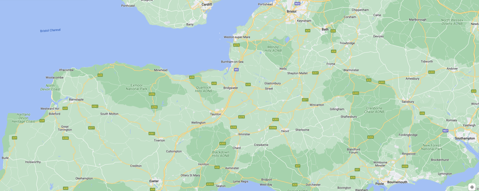 Map of the South West covering Somerset, Wiltshire, Dorset and east Devon