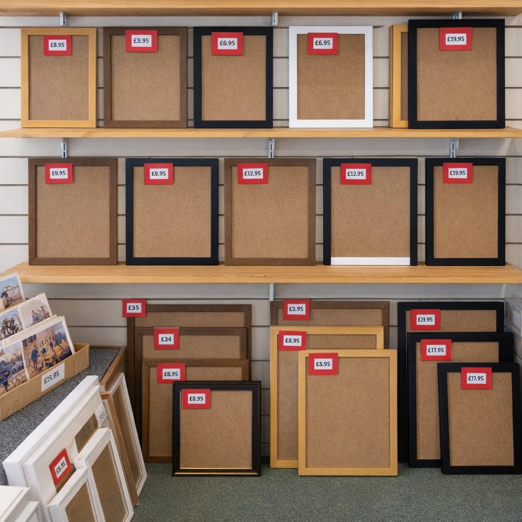 Ready made frames on the shop wall, each priced, in oak, black, white and walnut