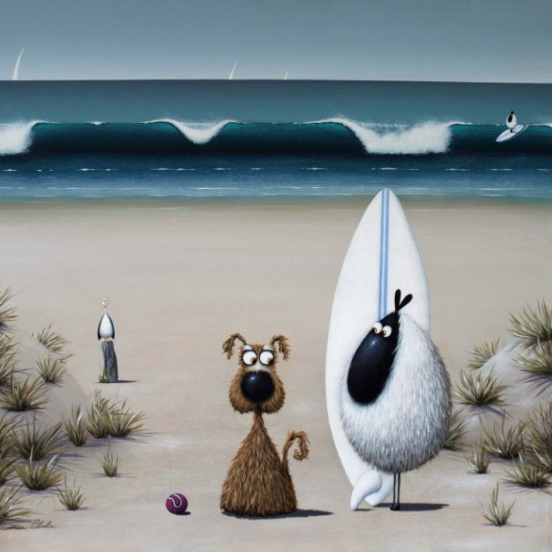 Simon Clarke &mdash; a dog and a sheep with a surfboard