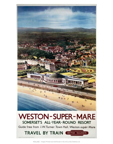 A vintage British Railways poster showing Weston-super-Mare from the air