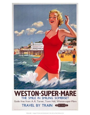 A vintage British Railways poster of a bather in the surf at Weston-super-Mare
