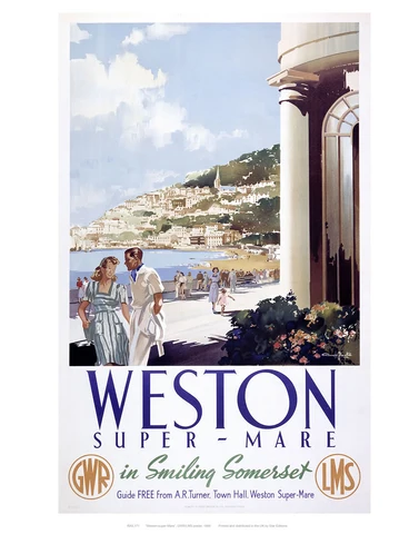 A vintage GWR and LMS railway poster of the seafront at Weston-super-Mare