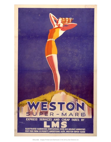 A vintage LMS railway poster advertising express services to Weston-super-Mare